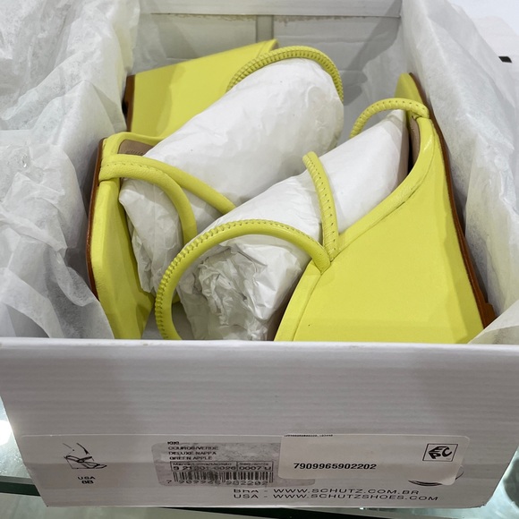 NIB SCHUTZ chartreuse LEATHER strappy wedge sandals lime apple zesty yellow 6.5 - Picture 15 of 16